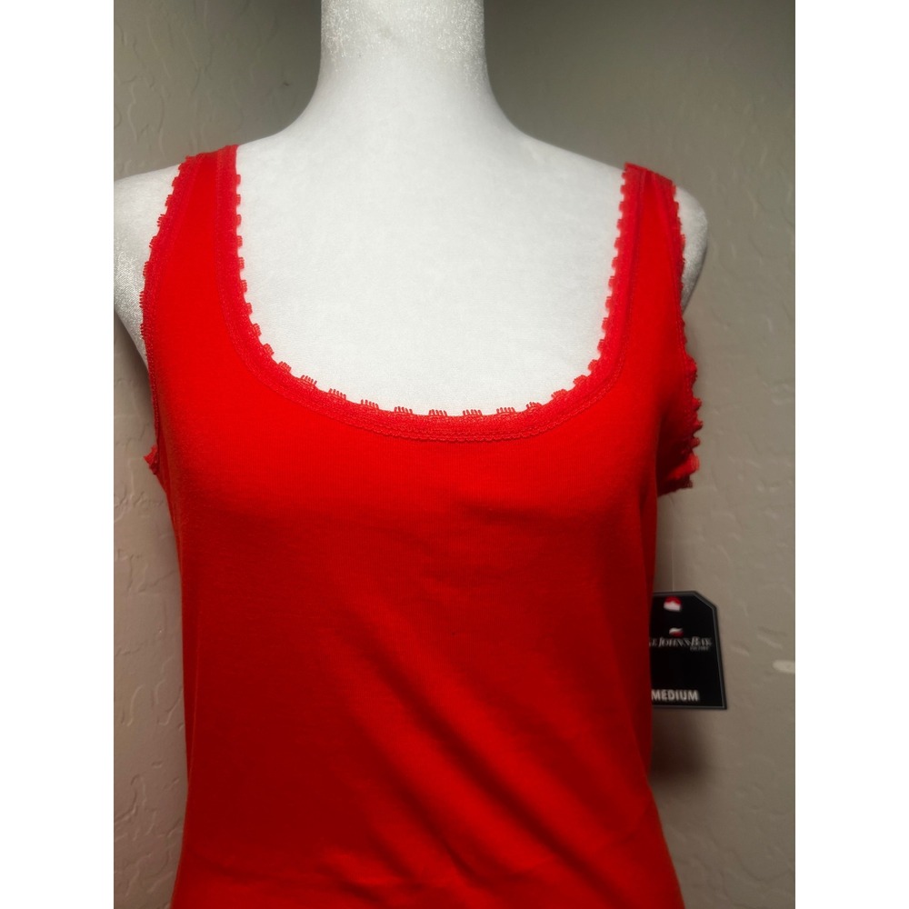 St. John's Bay Women Red Ribbed Cotton Tank Top Lace Trim Scoop Neck Medium NWT
